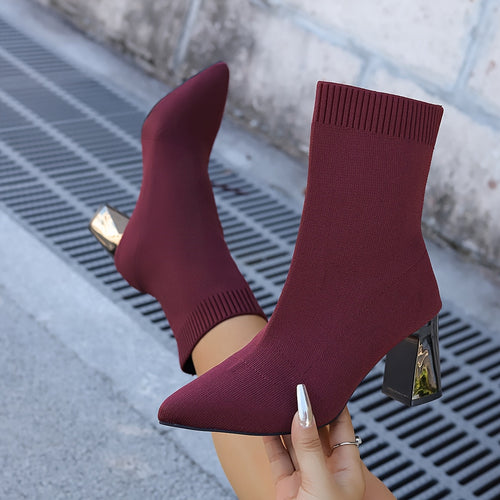 Bottes Chaussettes Femme Bout Pointu Talon Carré 3 Coloris