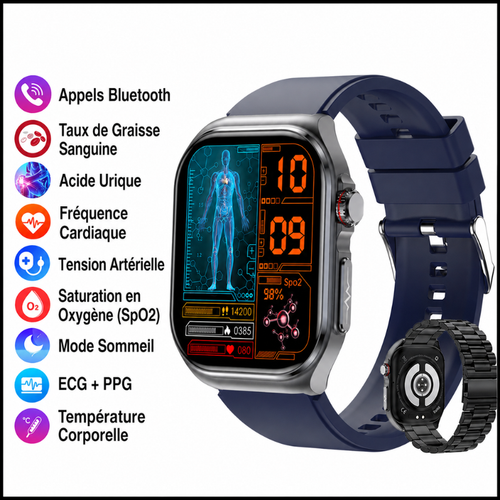 Smartwatch Santé AMOLED – ECG Glycémie Pression Artérielle Oxygène Bluetooth