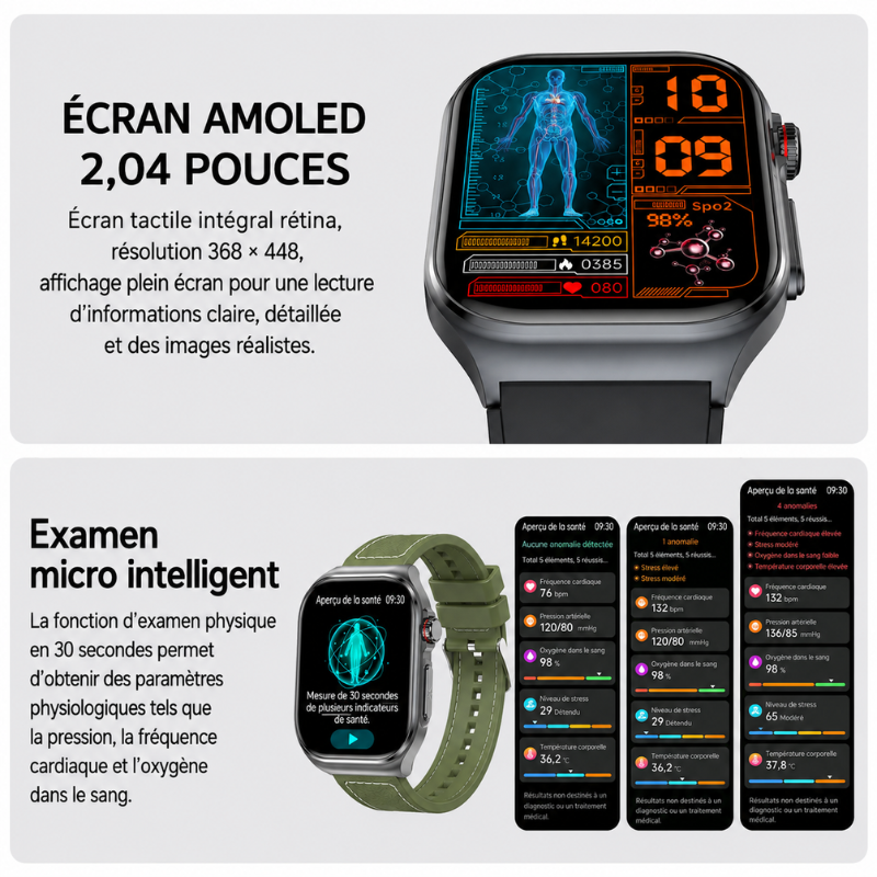 Smartwatch Santé AMOLED – ECG Glycémie Pression Artérielle Oxygène Bluetooth