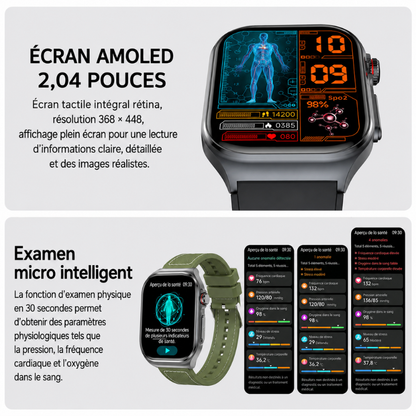 Smartwatch Santé AMOLED – ECG Glycémie Pression Artérielle Oxygène Bluetooth