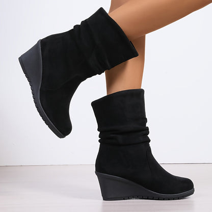 Bottes Mi-Hautes Compensées Plateforme Volants Femme Noires