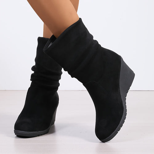 Bottes Mi-Hautes Compensées Plateforme Volants Femme Noires