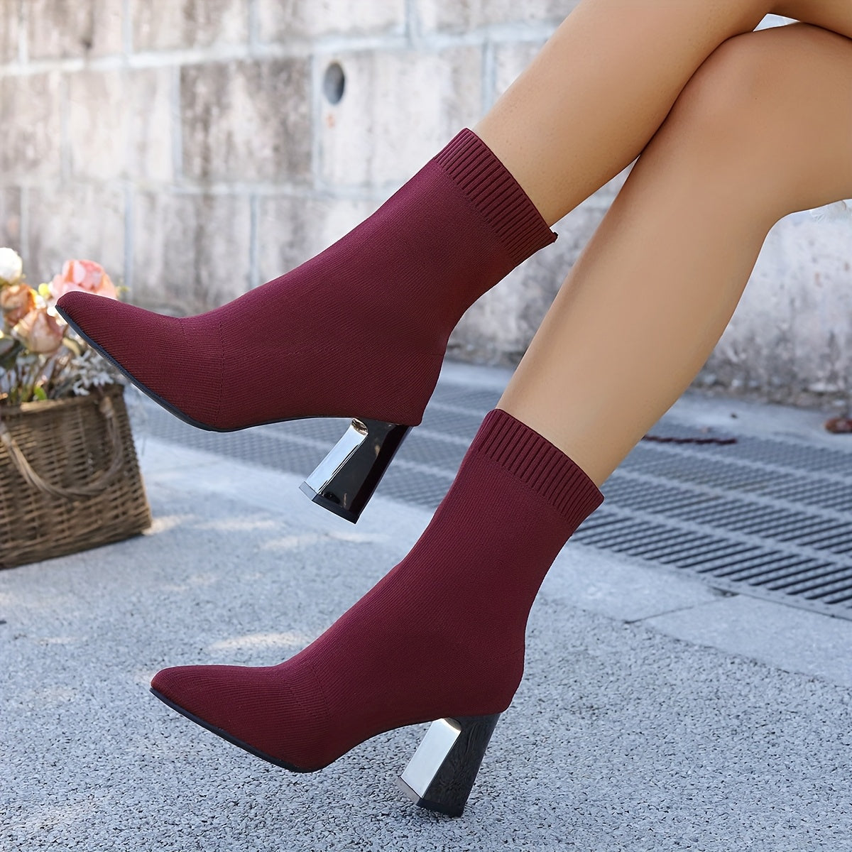 Bottes Chaussettes Femme Bout Pointu Talon Carré 3 Coloris