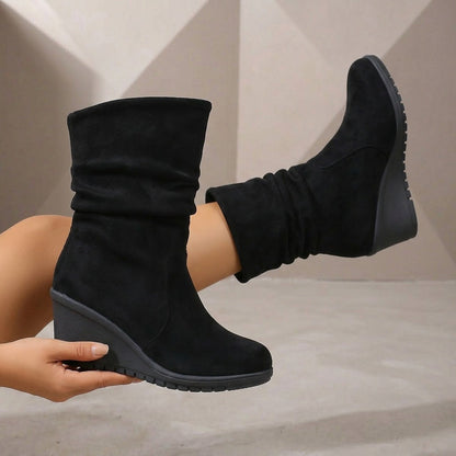 Bottes Mi-Hautes Compensées Plateforme Volants Femme Noires