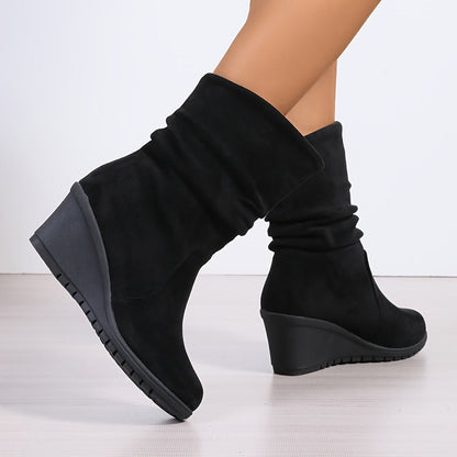 Bottes Mi-Hautes Compensées Plateforme Volants Femme Noires