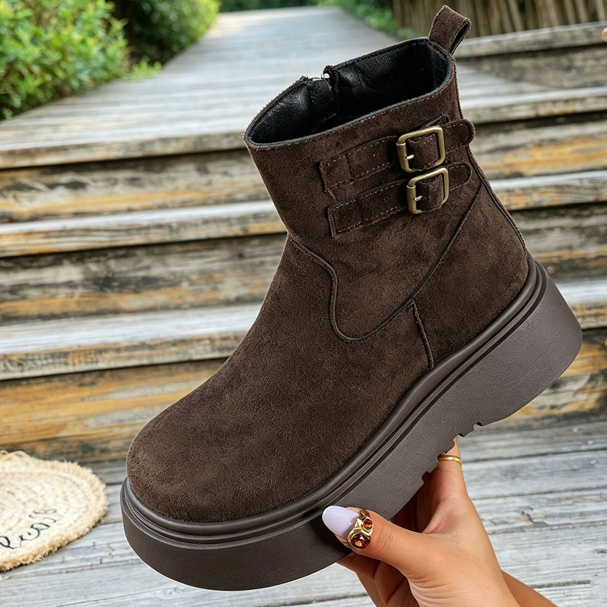 Bottes Western Plateforme Motard Vintage Café Femme