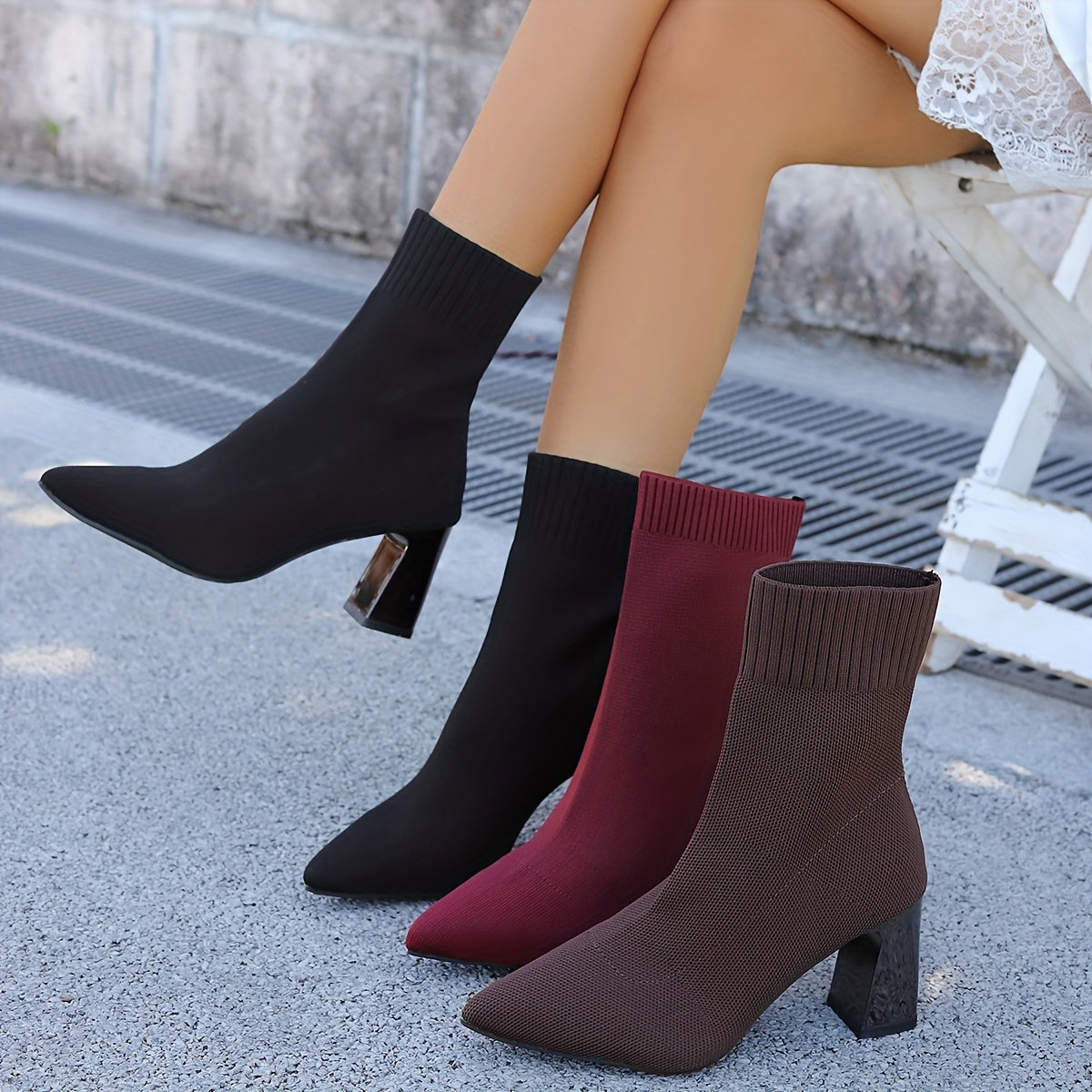 Bottes Chaussettes Femme Bout Pointu Talon Carré 3 Coloris