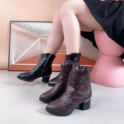 Bottes Mi-Hautes Femme Élégantes 4 Boucles Talon Mi-Haut
