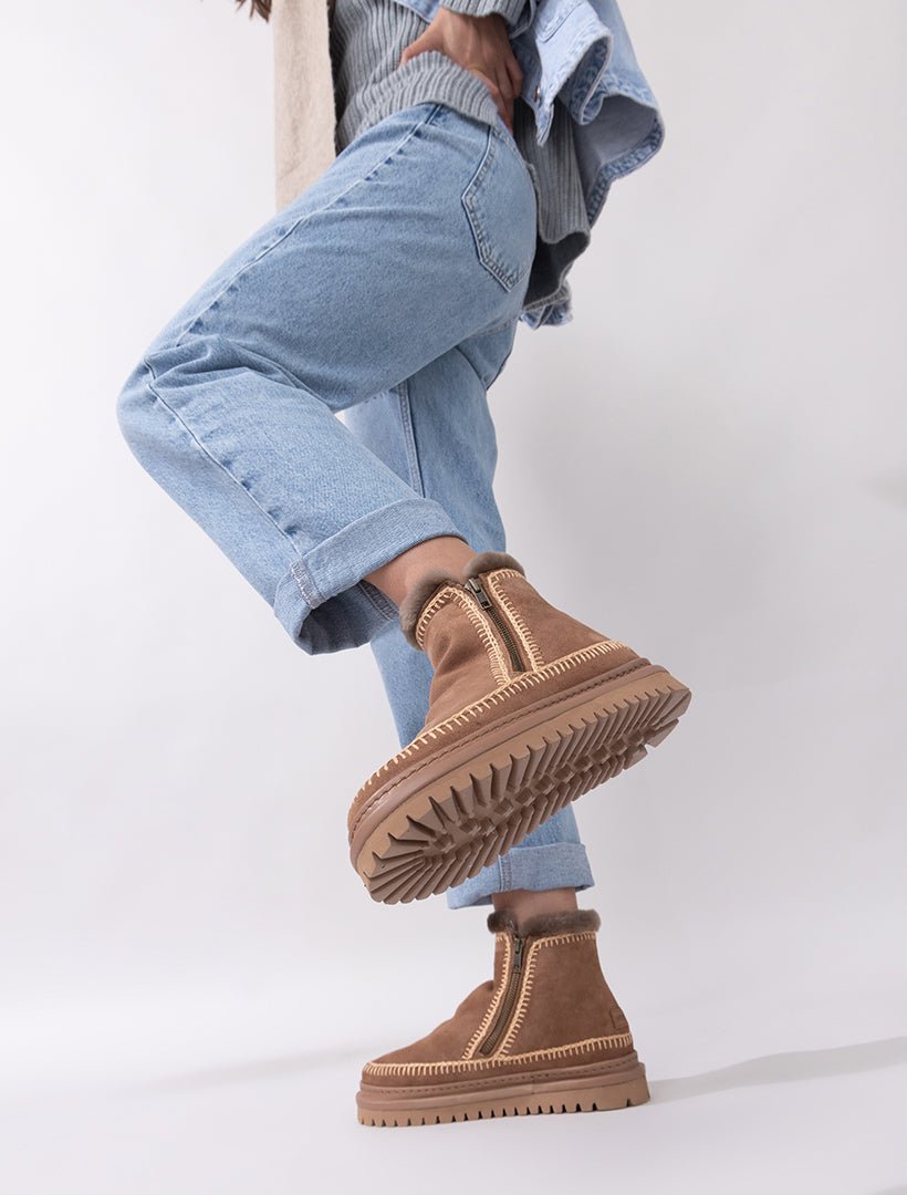 Bottines Femme Crochet Daim Beige Confort Hiver