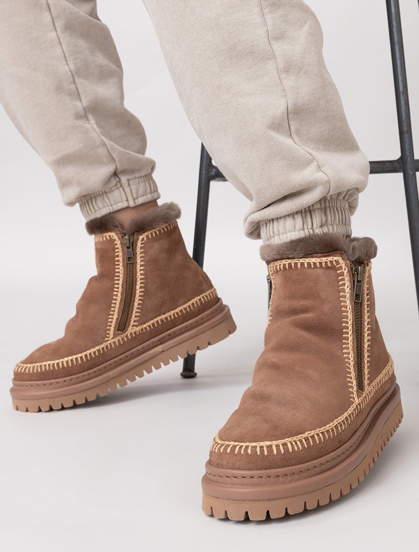 Bottines Femme Crochet Daim Beige Confort Hiver