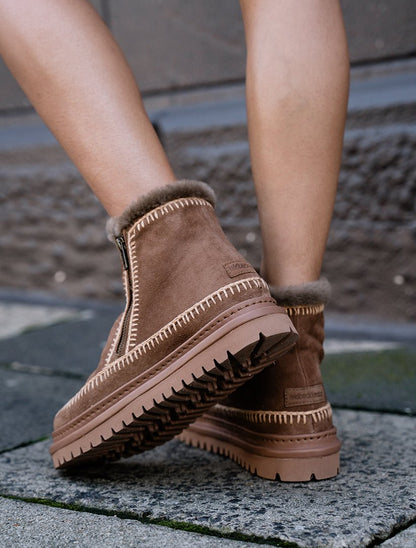 Bottines Femme Crochet Daim Beige Confort Hiver