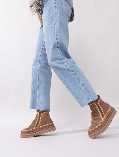 Bottines Femme Crochet Daim Beige Confort Hiver