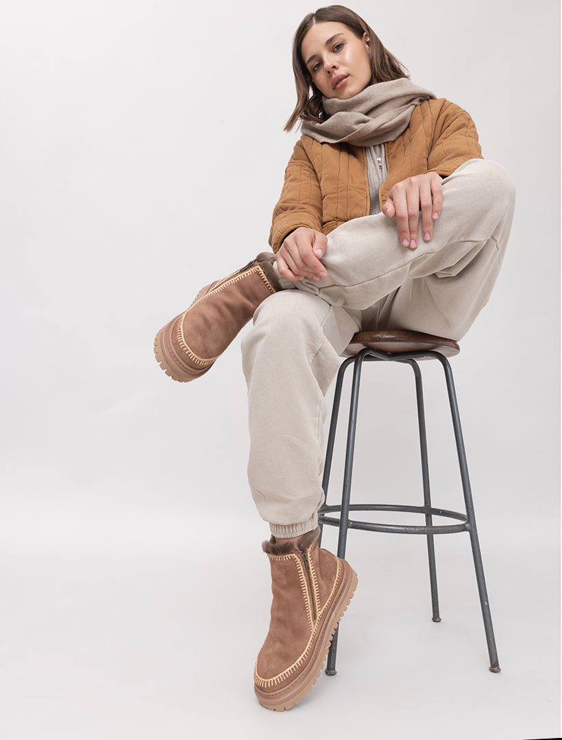 Bottines Femme Crochet Daim Beige Confort Hiver