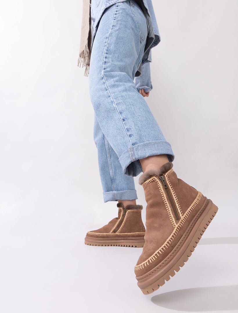 Bottines Femme Crochet Daim Beige Confort Hiver
