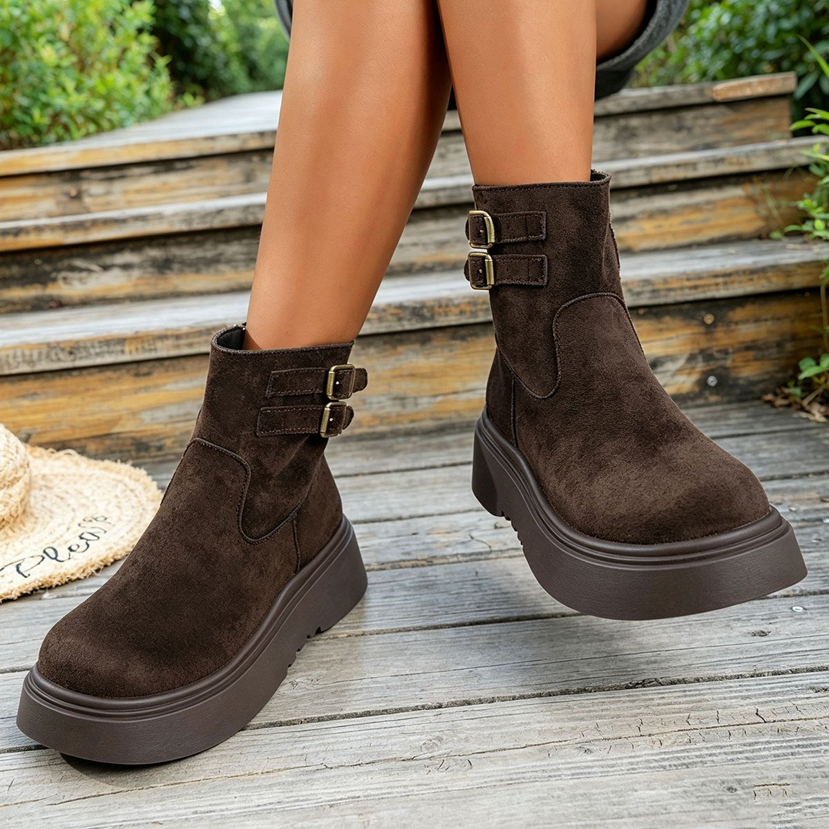 Bottes Western Plateforme Motard Vintage Café Femme