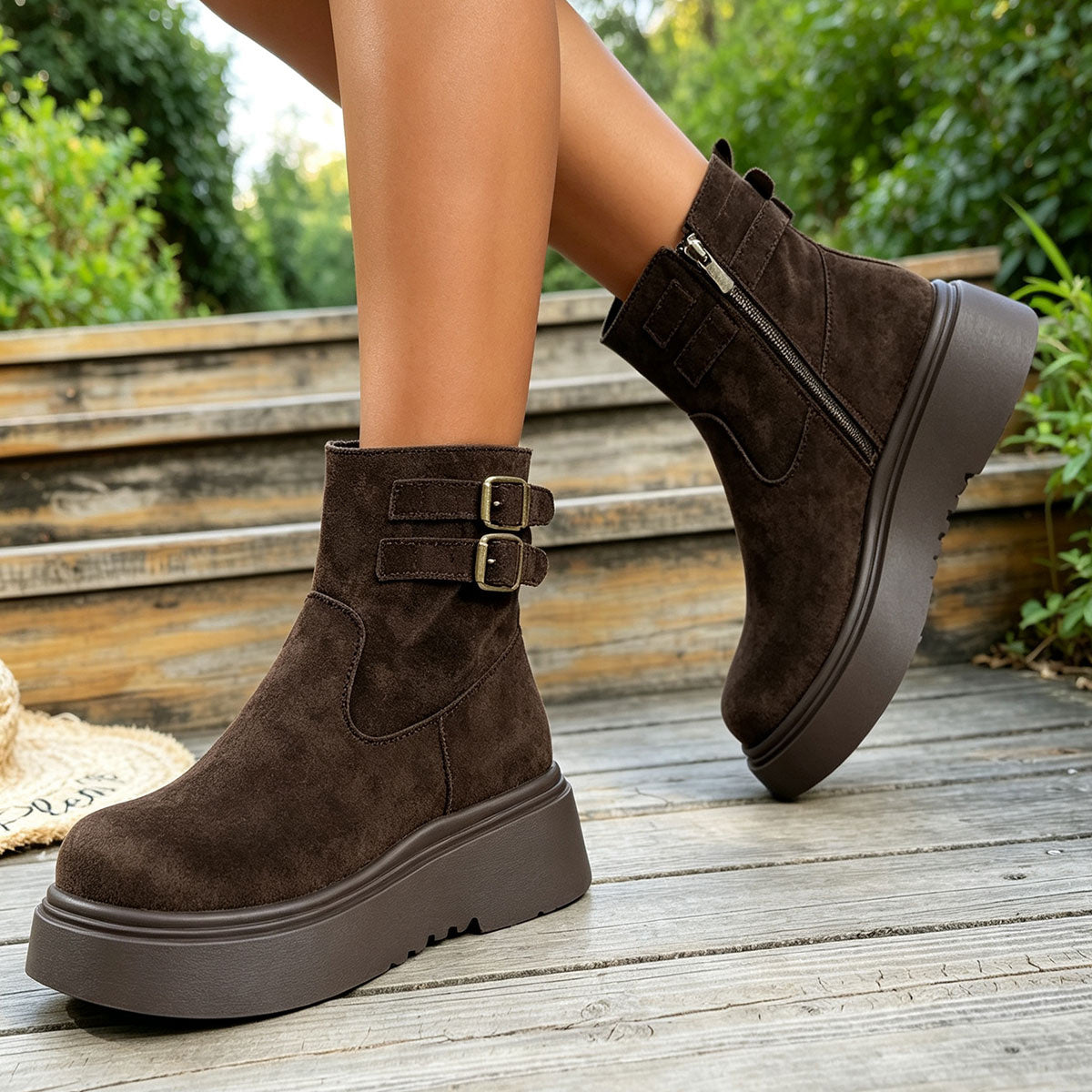 Bottes Western Plateforme Motard Vintage Café Femme