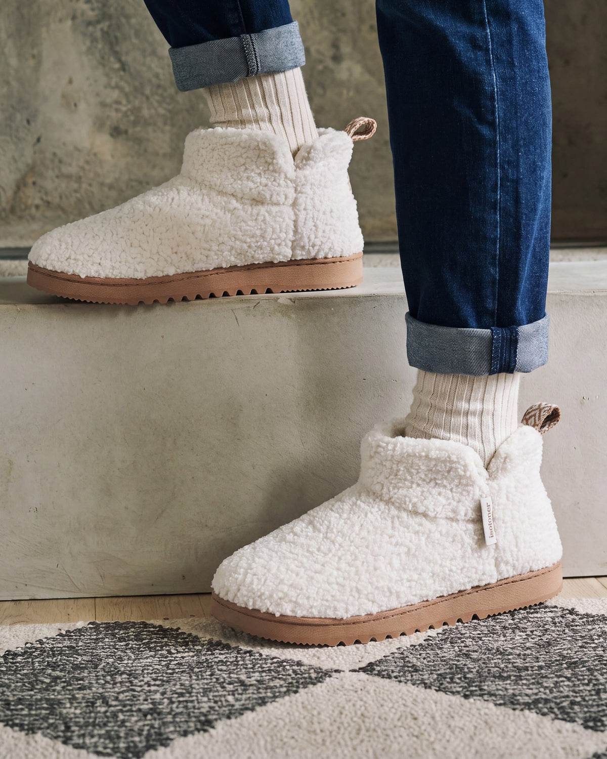Chaussons Bottillons Femme Ivoire Fourrure Sherpa