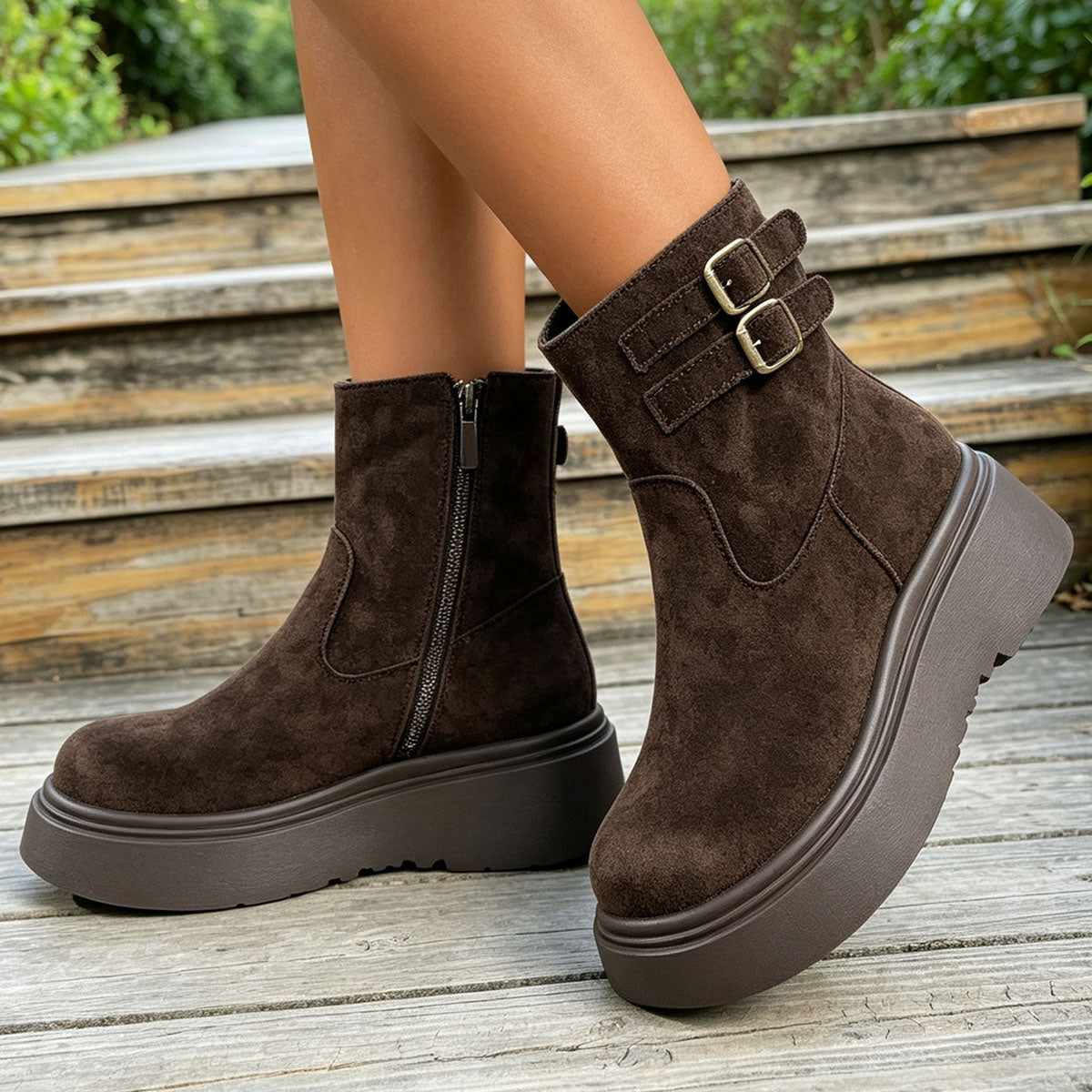 Bottes Western Plateforme Motard Vintage Café Femme